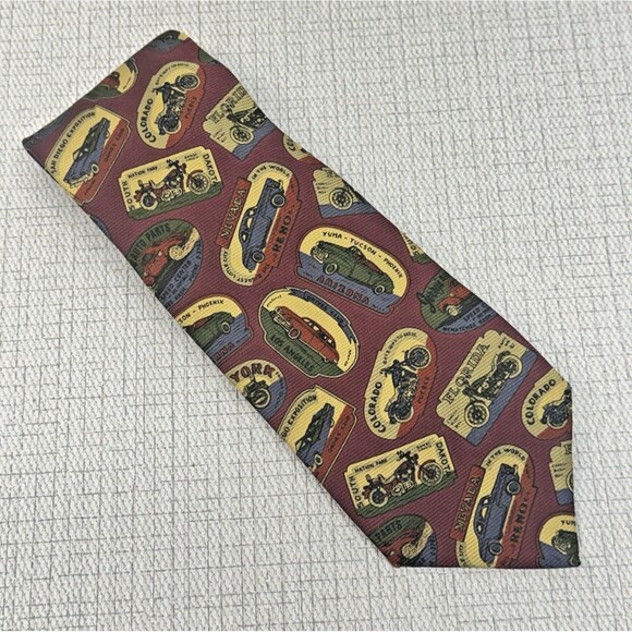 Faconnable Maroon Vintage‎ Cars Motorcycle Silk Tie Handmade in France - Picture 2 of 5